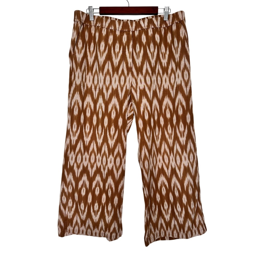 Pure Jill Elements Pull on Pants Size L Tall Brown Ikat Print Cotton Wide Leg
